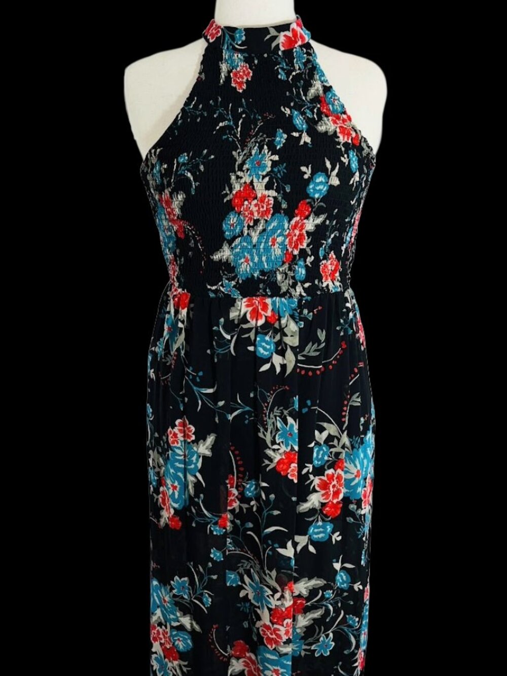 Black Floral Print Smocked Halter Maxi Dress - size M